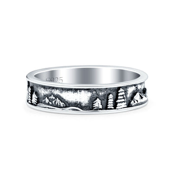 Mountains & Trees Oxidized Band Solid 925 Sterling Silver Thumb Ring (5mm)